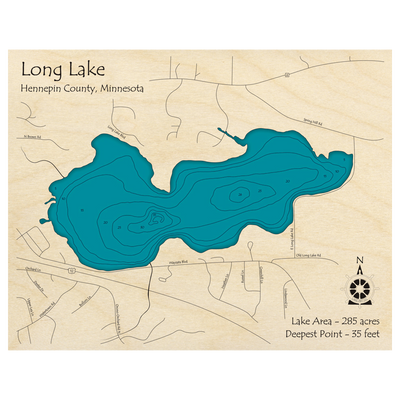 Bathymetric topo map of Long Lake, MN with roads, towns and depths noted in blue water.