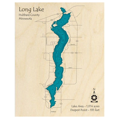 Bathymetric topo map of Long Lake, MN with roads, towns and depths noted in blue water.