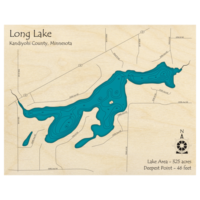 Bathymetric topo map of Long Lake, MN with roads, towns and depths noted in blue water.