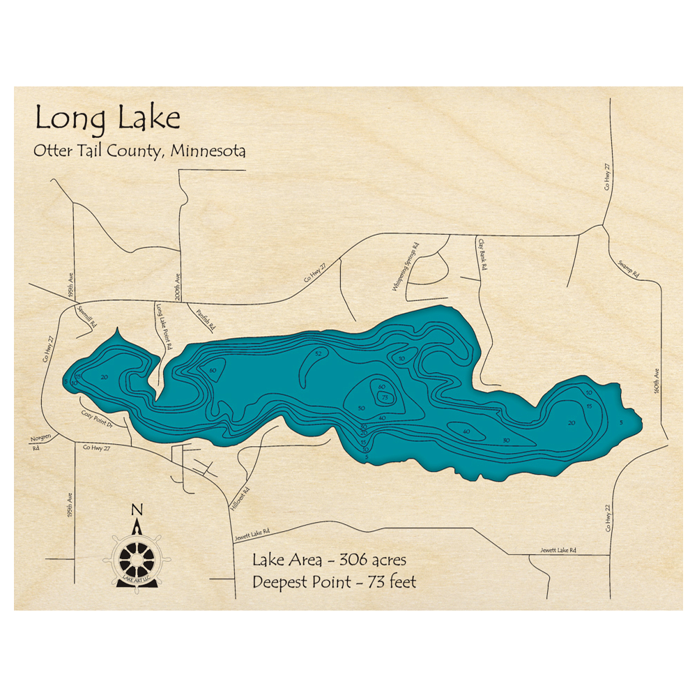 Bathymetric topo map of Long Lake, MN with roads, towns and depths noted in blue water.