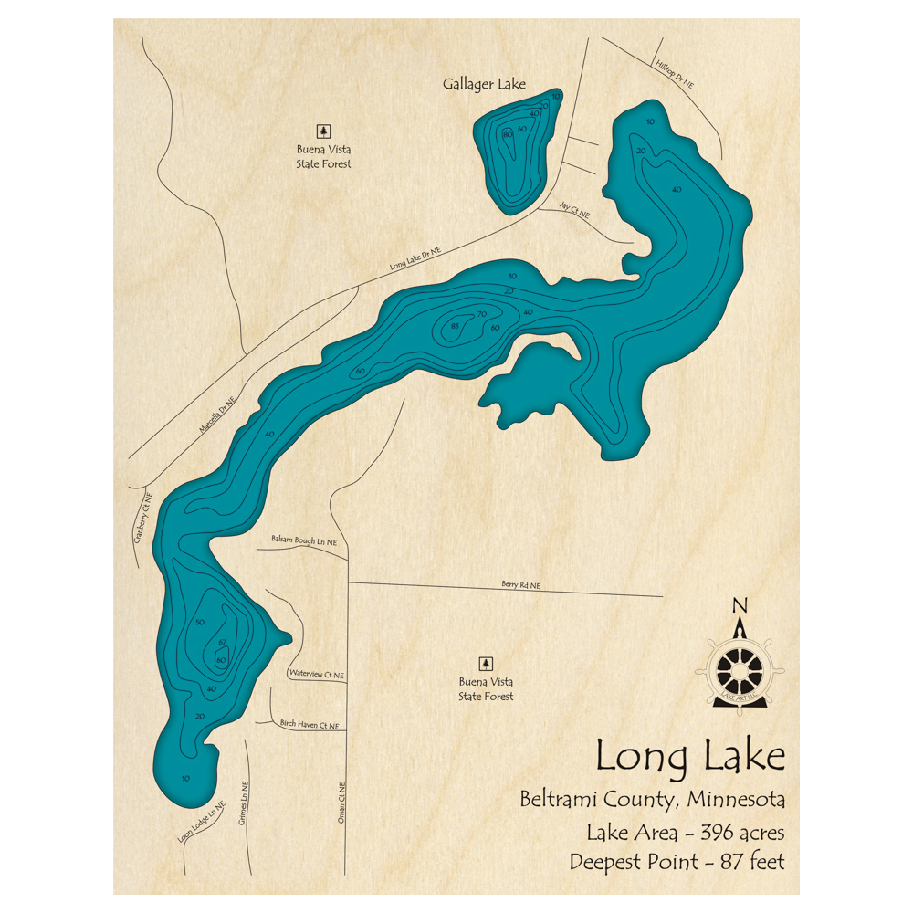 Bathymetric topo map of Long Lake, MN with roads, towns and depths noted in blue water.