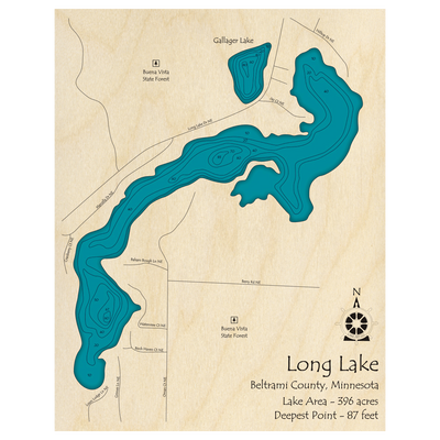 Bathymetric topo map of Long Lake, MN with roads, towns and depths noted in blue water.