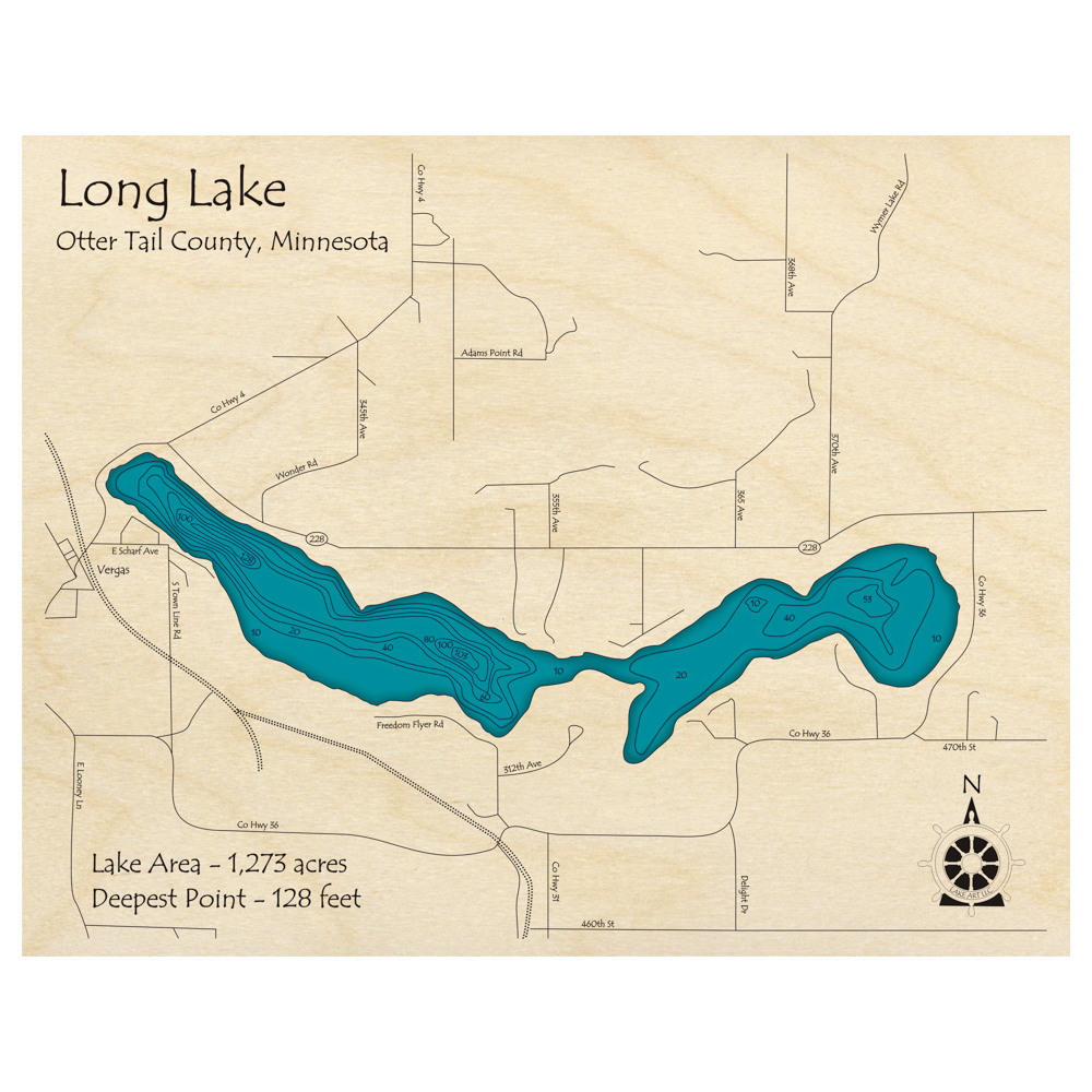 Bathymetric topo map of Long Lake, MN with roads, towns and depths noted in blue water.