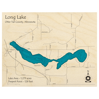 Bathymetric topo map of Long Lake, MN with roads, towns and depths noted in blue water.