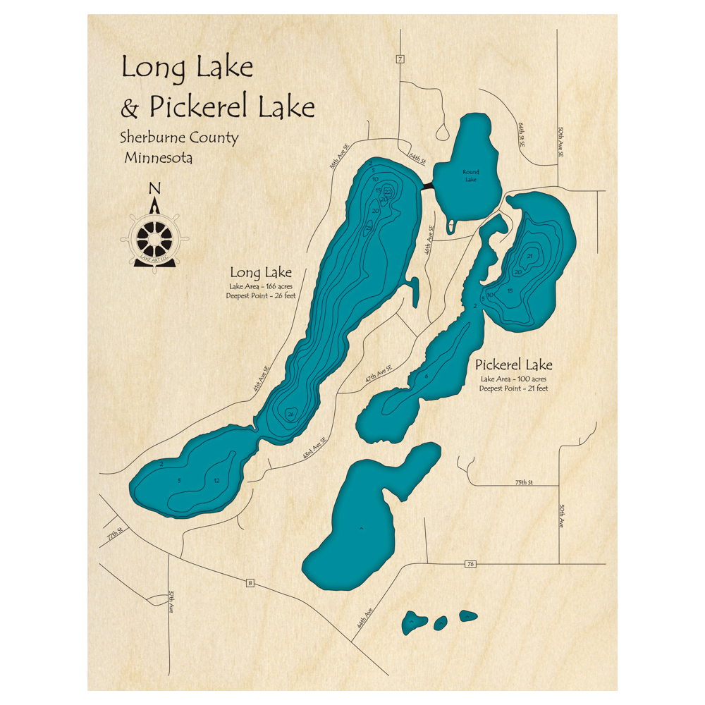 Bathymetric topo map of Long Lake, MN with roads, towns and depths noted in blue water.