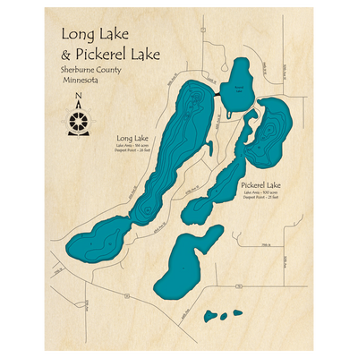 Bathymetric topo map of Long Lake, MN with roads, towns and depths noted in blue water.