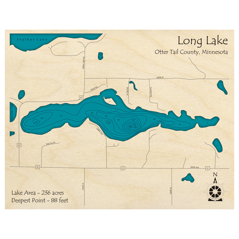 Bathymetric topo map of Long Lake, MN with roads, towns and depths noted in blue water.