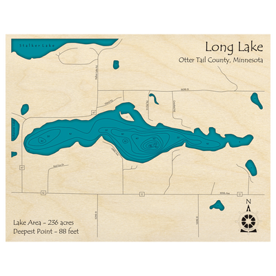Bathymetric topo map of Long Lake, MN with roads, towns and depths noted in blue water.