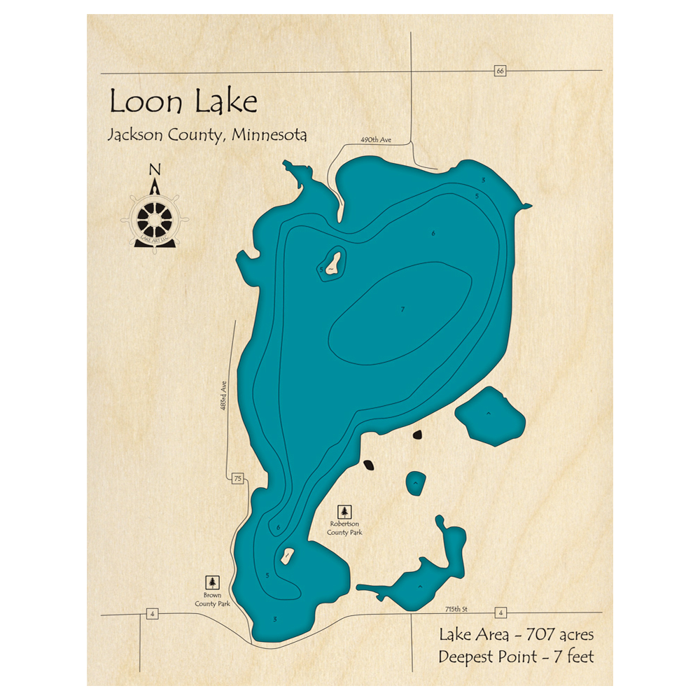 Bathymetric topo map of Loon Lake, MN with roads, towns and depths noted in blue water.