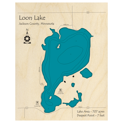Bathymetric topo map of Loon Lake, MN with roads, towns and depths noted in blue water.