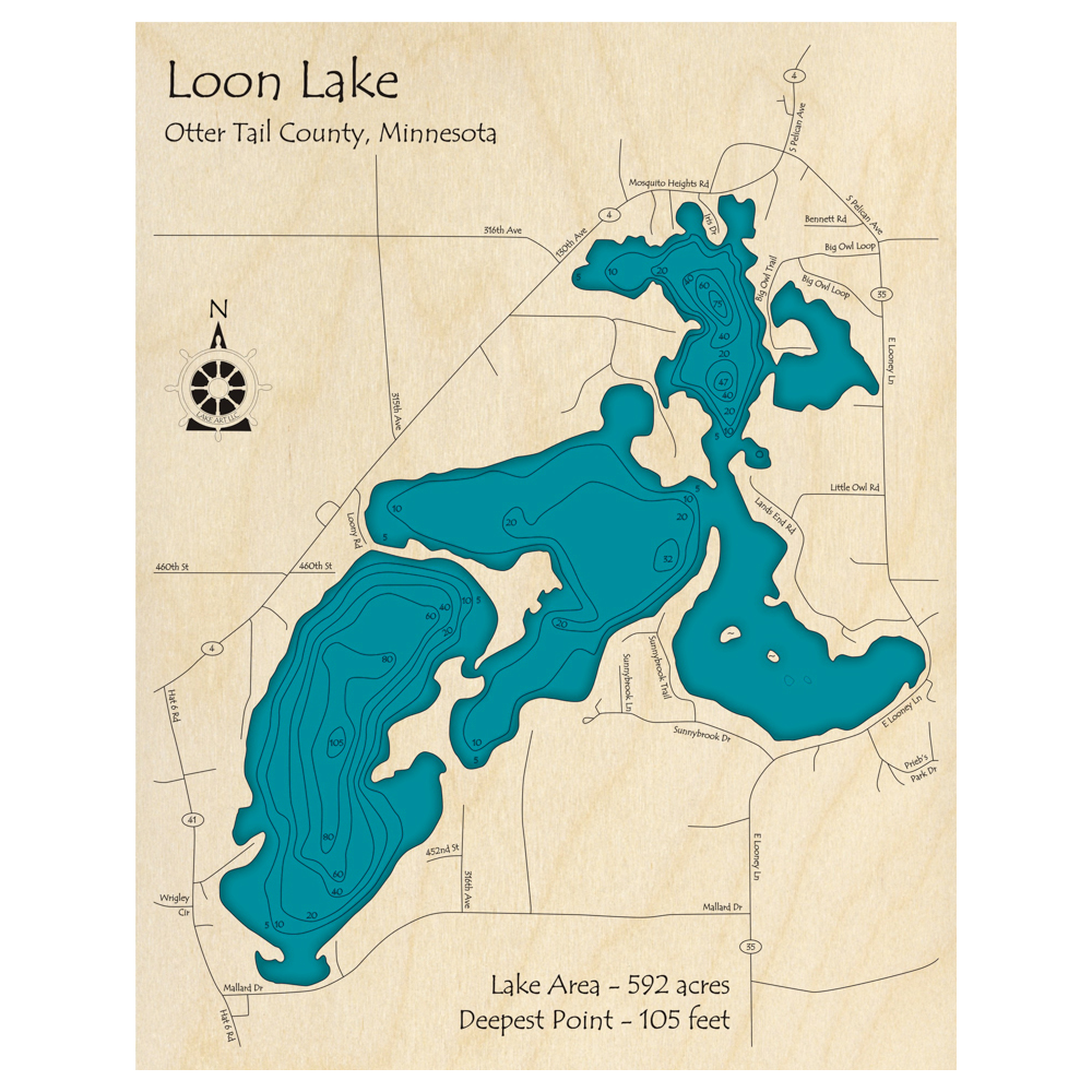 Bathymetric topo map of Loon Lake, MN with roads, towns and depths noted in blue water.