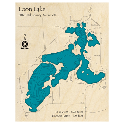 Bathymetric topo map of Loon Lake, MN with roads, towns and depths noted in blue water.