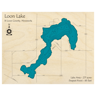 Bathymetric topo map of Lake Loon, MN with roads, towns and depths noted in blue water.