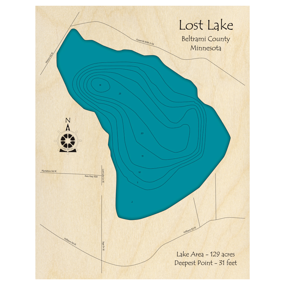 Bathymetric topo map of Lost Lake, MN with roads, towns and depths noted in blue water.