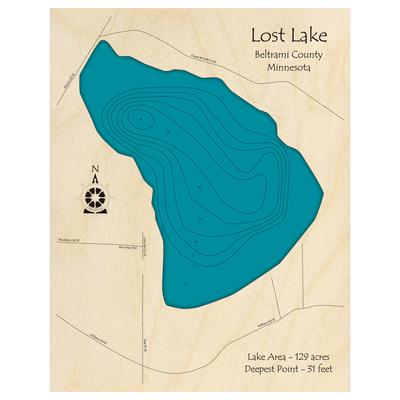 Bathymetric topo map of Lost Lake, MN with roads, towns and depths noted in blue water.