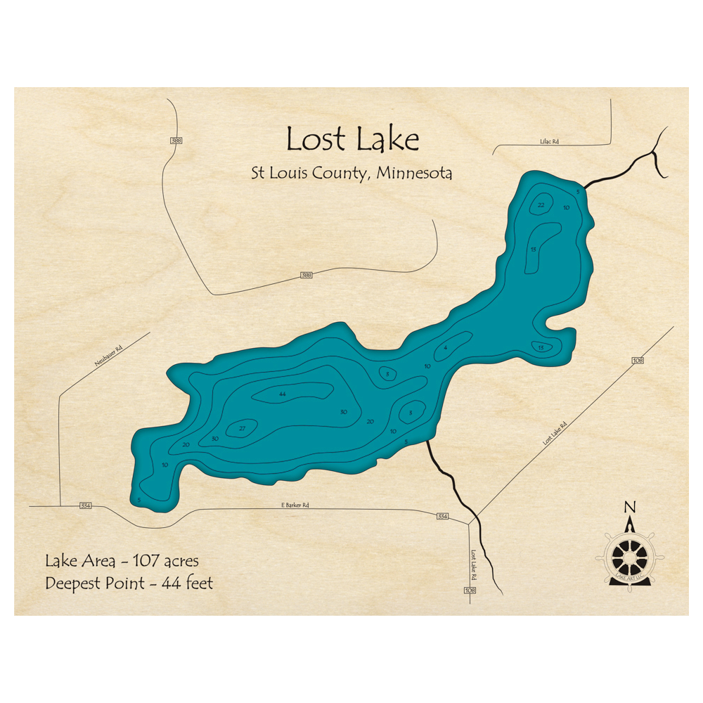 Bathymetric topo map of Lost Lake, MN with roads, towns and depths noted in blue water.