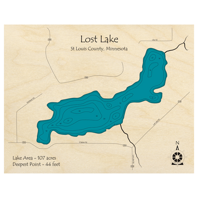 Bathymetric topo map of Lost Lake, MN with roads, towns and depths noted in blue water.