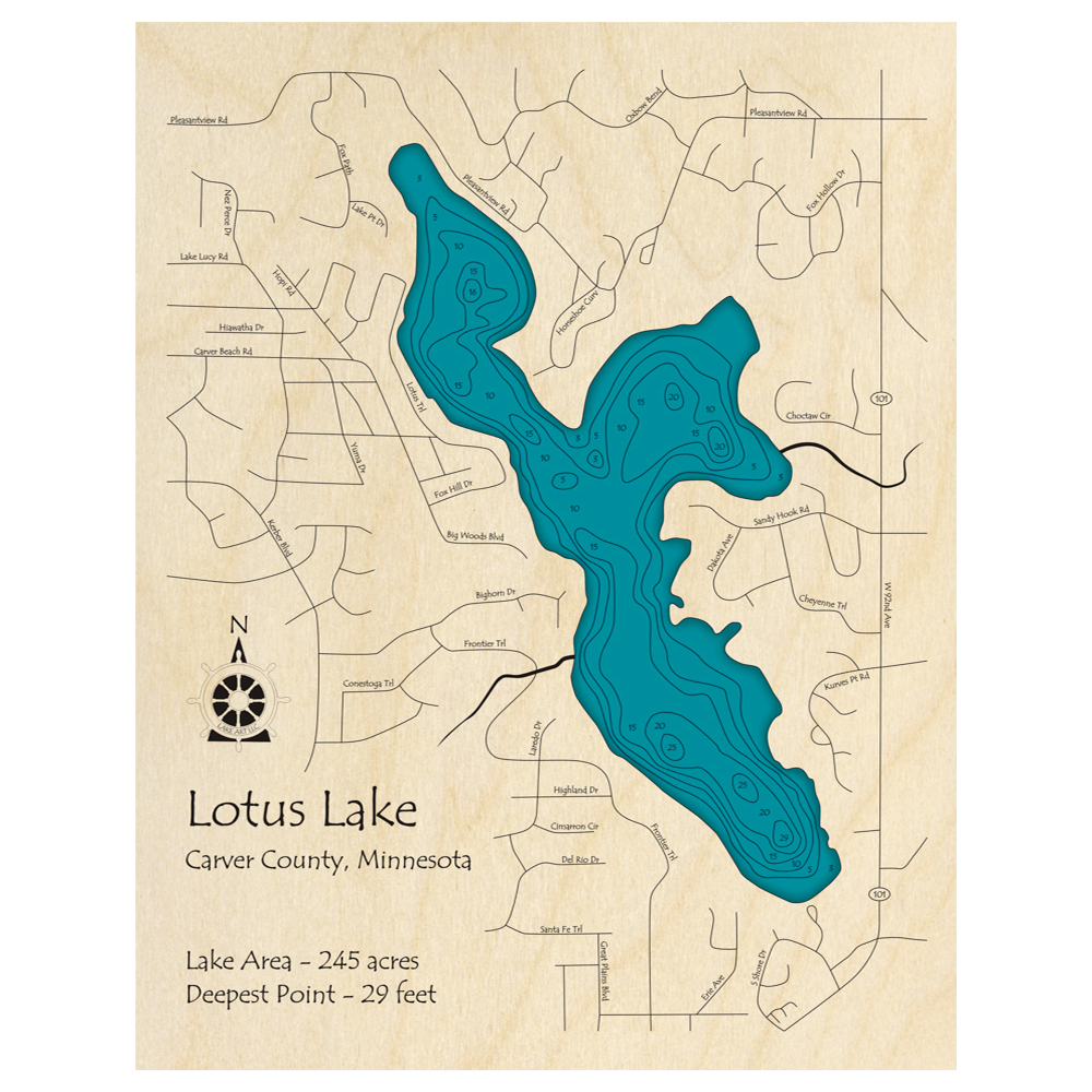 Bathymetric topo map of Lotus Lake, MN with roads, towns and depths noted in blue water.