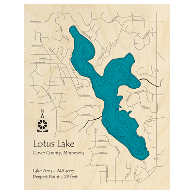 Bathymetric topo map of Lotus Lake, MN with roads, towns and depths noted in blue water.