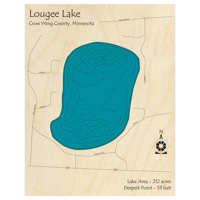 Bathymetric topo map of Lougee Lake, MN with roads, towns and depths noted in blue water.