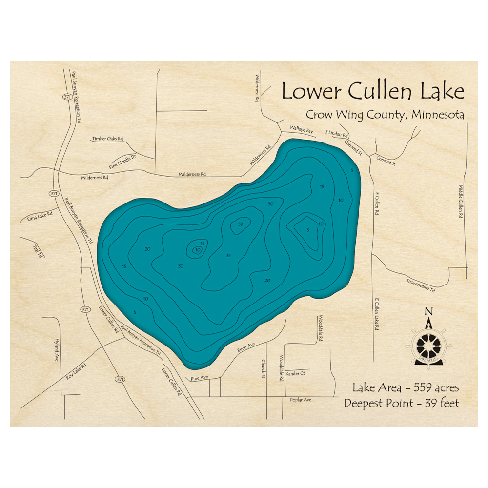 Bathymetric topo map of Cullen Lake, MN with roads, towns and depths noted in blue water.