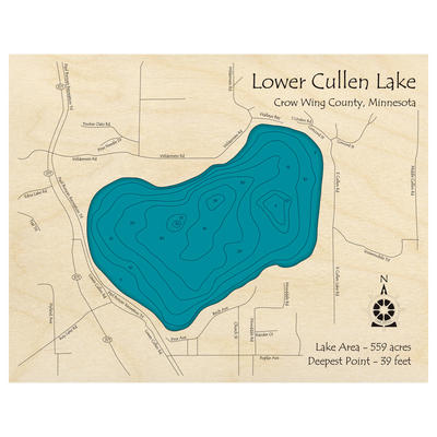 Bathymetric topo map of Cullen Lake, MN with roads, towns and depths noted in blue water.