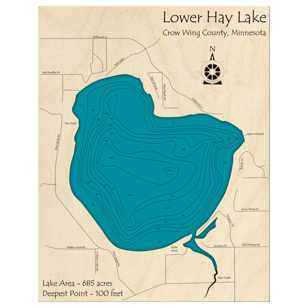 Bathymetric topo map of Hay Lake, MN with roads, towns and depths noted in blue water.