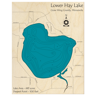 Bathymetric topo map of Hay Lake, MN with roads, towns and depths noted in blue water.