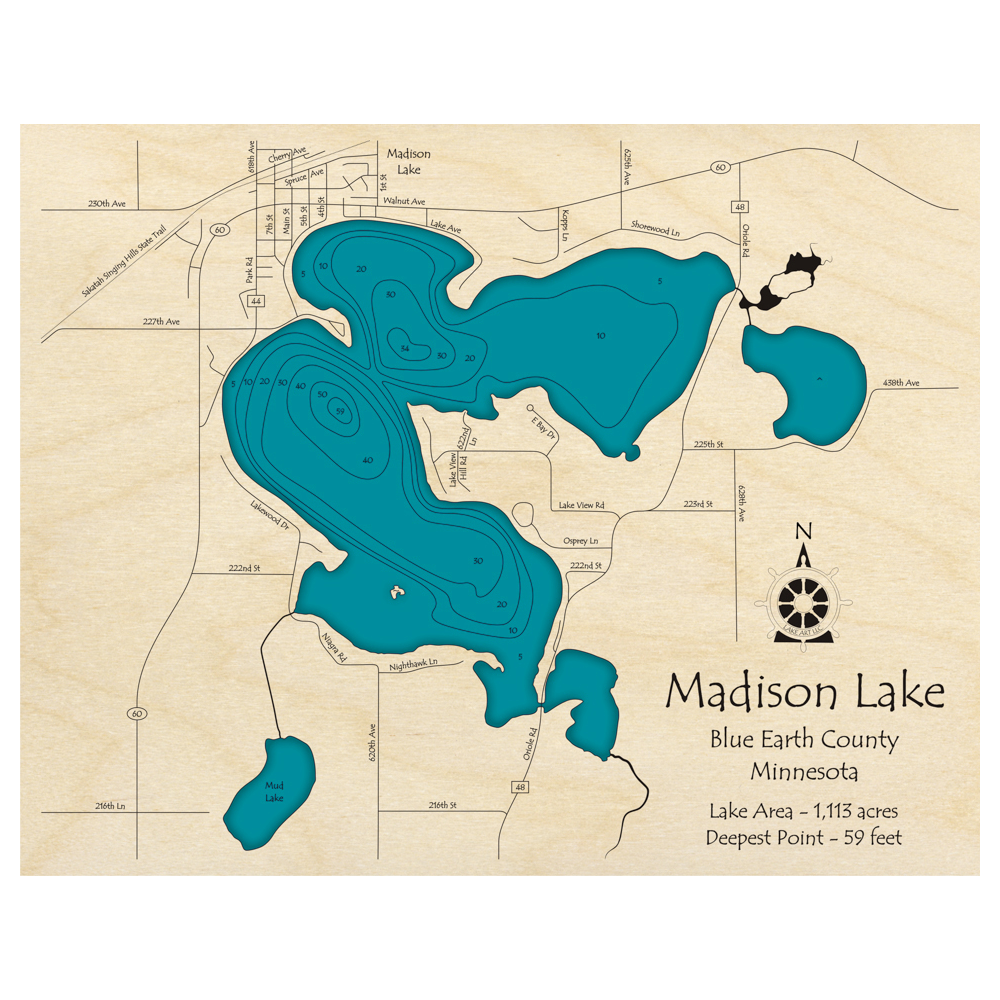 Bathymetric topo map of Madison Lake, MN with roads, towns and depths noted in blue water.
