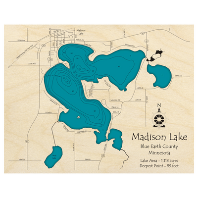 Bathymetric topo map of Madison Lake, MN with roads, towns and depths noted in blue water.