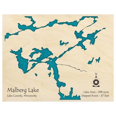Bathymetric topo map of Malberg Lake, MN with roads, towns and depths noted in blue water.