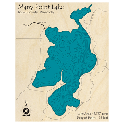 Bathymetric topo map of Many Point Lake, MN with roads, towns and depths noted in blue water.