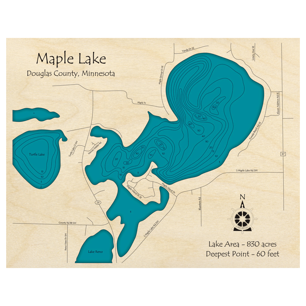 Bathymetric topo map of Maple Lake, MN with roads, towns and depths noted in blue water.