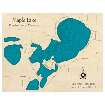 Bathymetric topo map of Maple Lake, MN with roads, towns and depths noted in blue water.
