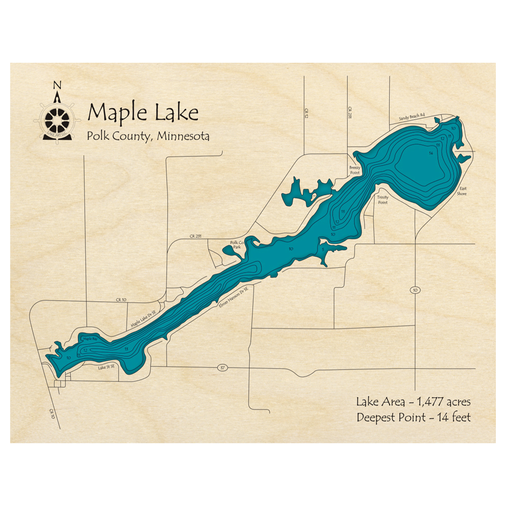 Bathymetric topo map of Maple Lake, MN with roads, towns and depths noted in blue water.
