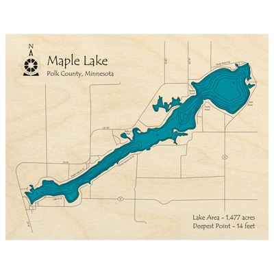Bathymetric topo map of Maple Lake, MN with roads, towns and depths noted in blue water.