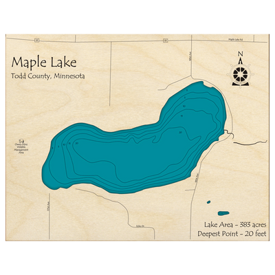 Bathymetric topo map of Maple Lake, MN with roads, towns and depths noted in blue water.