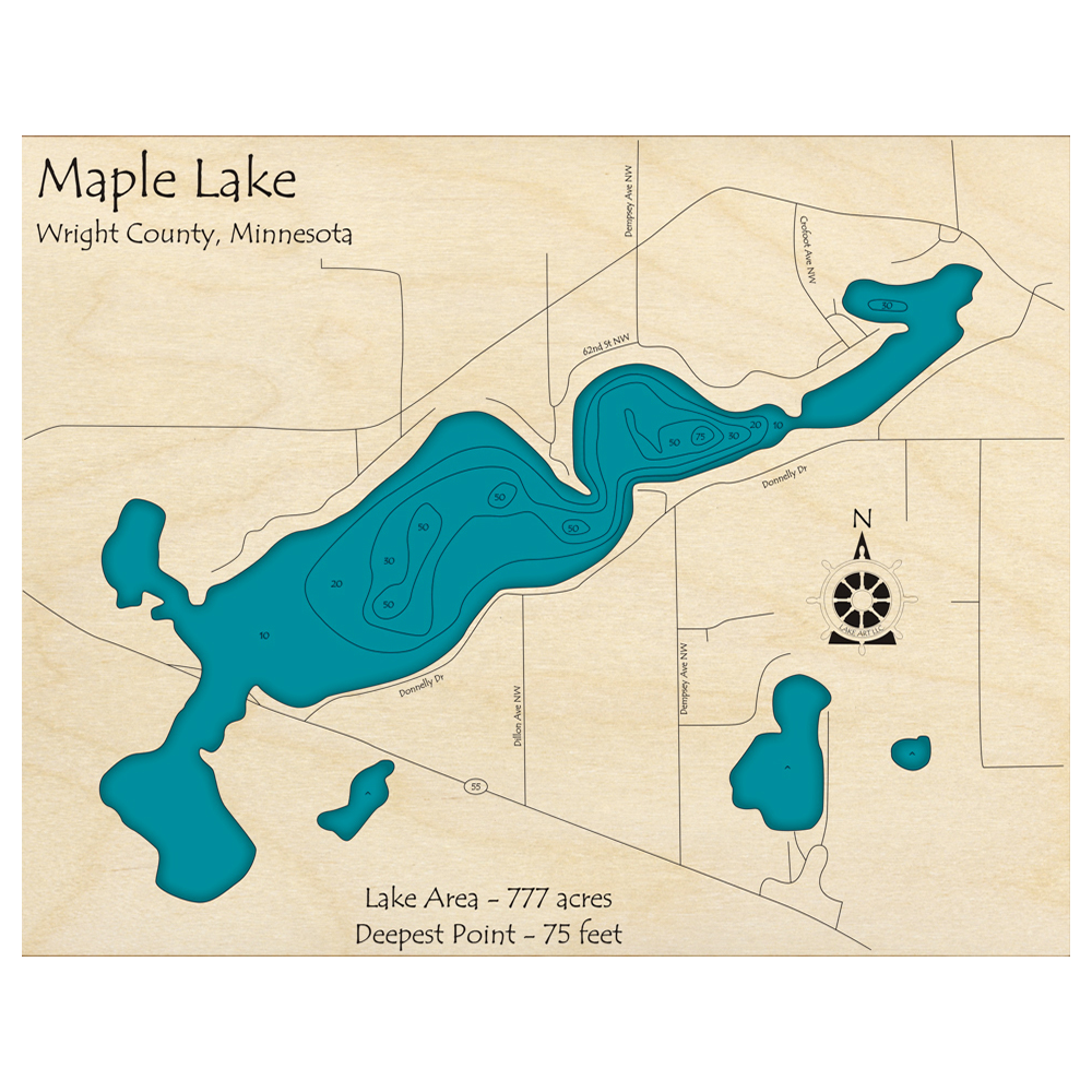 Bathymetric topo map of Maple Lake, MN with roads, towns and depths noted in blue water.