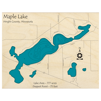 Bathymetric topo map of Maple Lake, MN with roads, towns and depths noted in blue water.