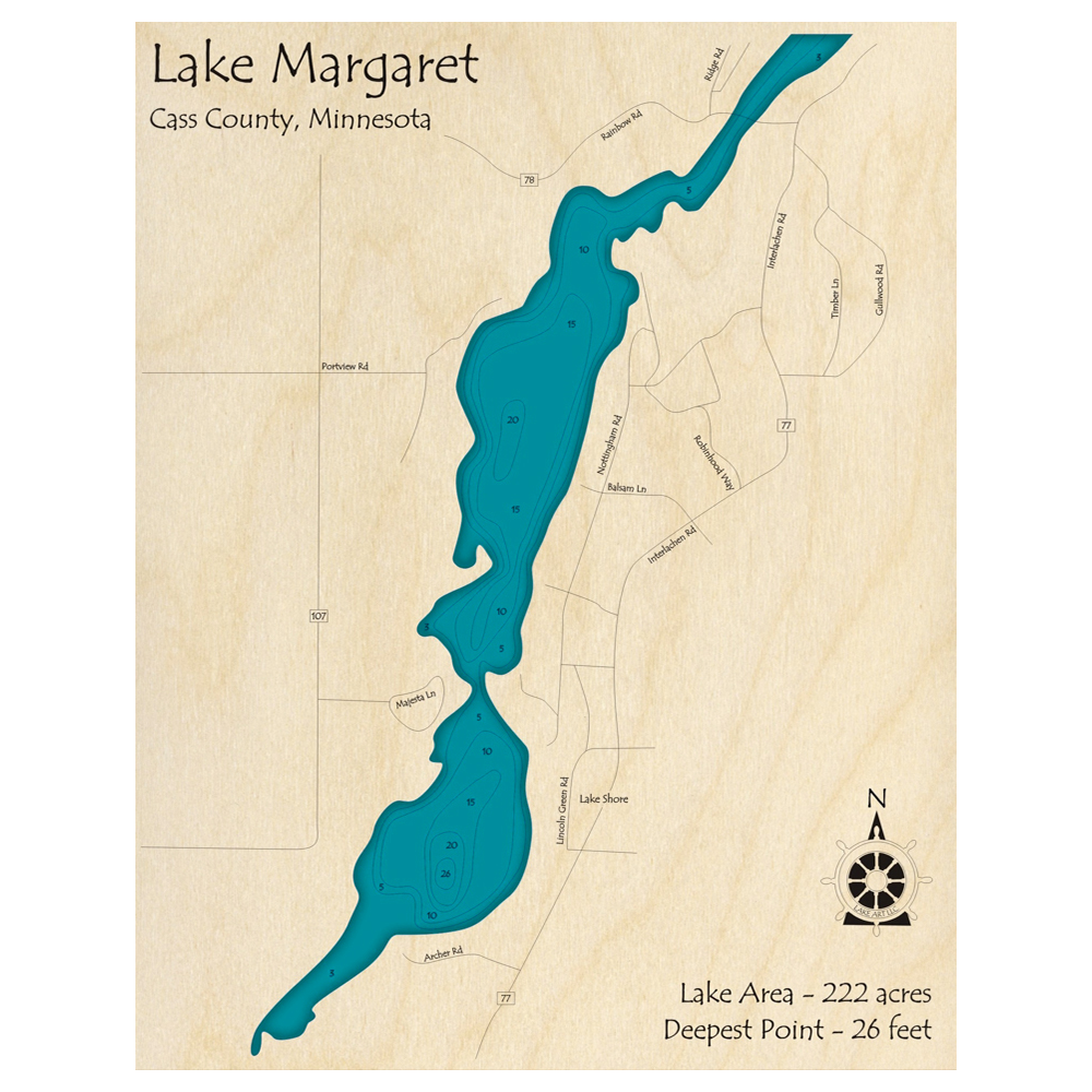 Bathymetric topo map of Margaret Lake, MN with roads, towns and depths noted in blue water.