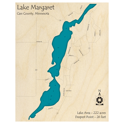 Bathymetric topo map of Margaret Lake, MN with roads, towns and depths noted in blue water.