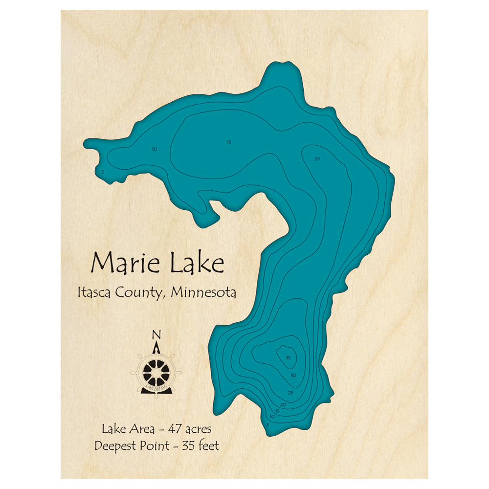 Bathymetric topo map of Marie Lake, MN with roads, towns and depths noted in blue water.