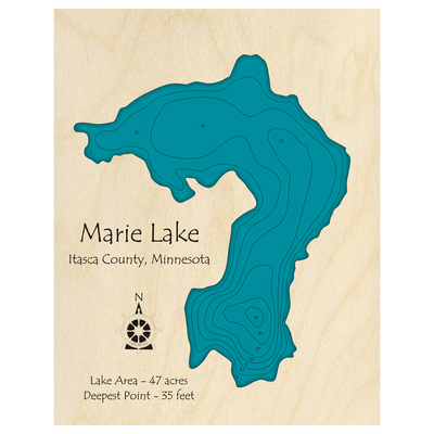 Bathymetric topo map of Marie Lake, MN with roads, towns and depths noted in blue water.