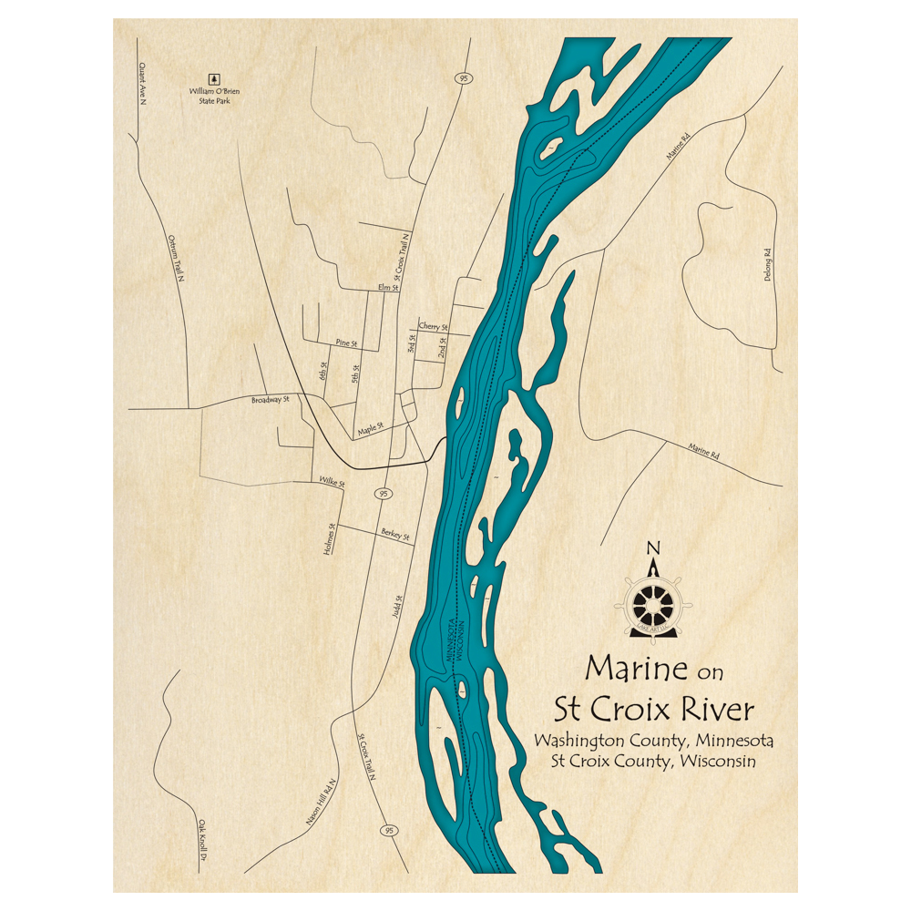 Bathymetric topo map of Marine on St Croix River (MN, WI) with roads, towns and depths noted in blue water.
