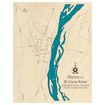 Bathymetric topo map of Marine on St Croix River (MN, WI) with roads, towns and depths noted in blue water.