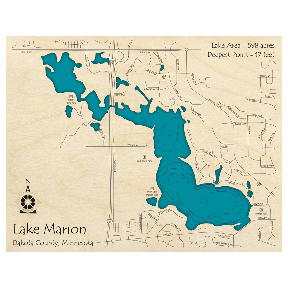 Bathymetric topo map of Lake Marion, MN with roads, towns and depths noted in blue water.