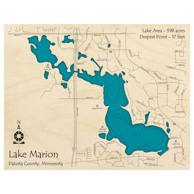 Bathymetric topo map of Lake Marion, MN with roads, towns and depths noted in blue water.