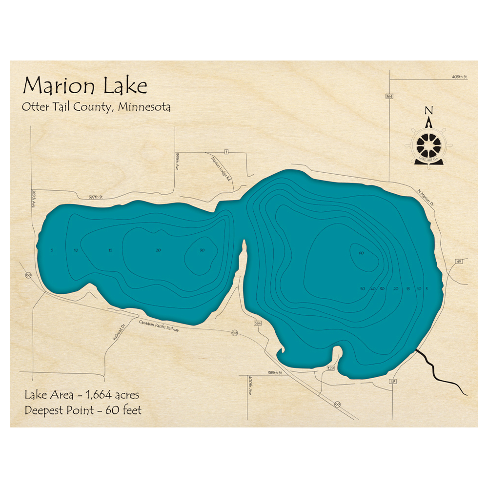 Bathymetric topo map of Lake Marion, MN with roads, towns and depths noted in blue water.