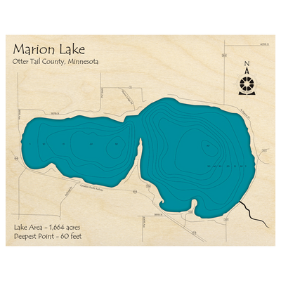 Bathymetric topo map of Lake Marion, MN with roads, towns and depths noted in blue water.