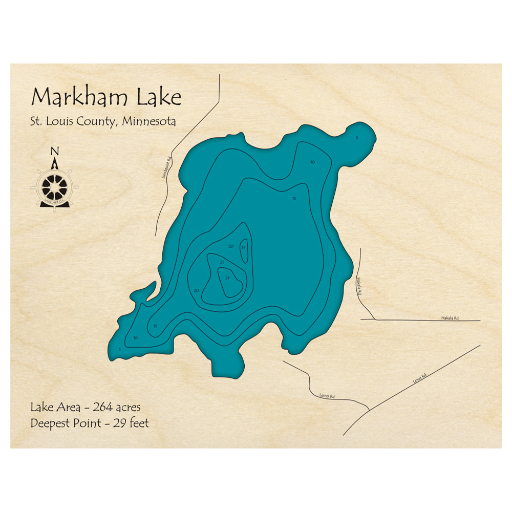 Bathymetric topo map of Markham Lake, MN with roads, towns and depths noted in blue water.